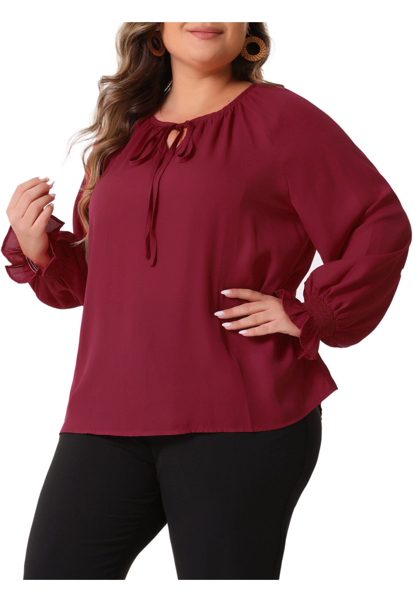 Casual V Neck Drawstring Long Sleeve Blouse Top, Burgundy / Burgundy, alternate image number 2