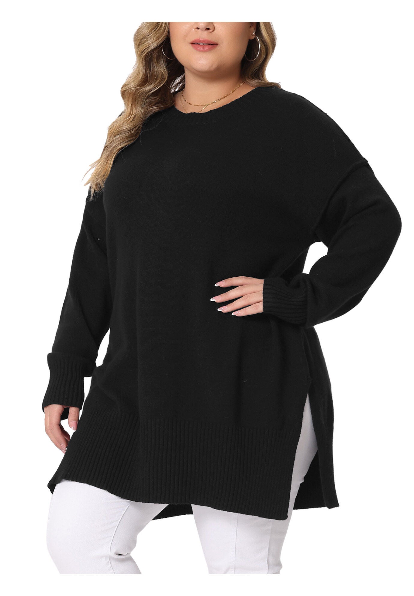 OVERSIZED CREW NECK LONG SLEEVE SLIT HEM KNIT PULLOVER SWEATER, Black / Black, alternate image number 2