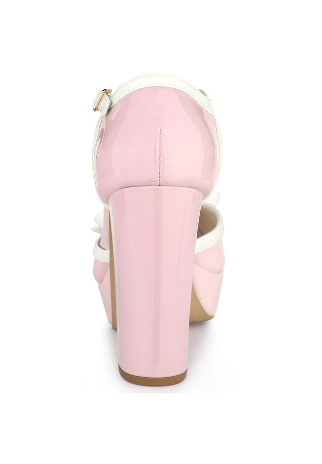 Platform Bow T Strap Chunky Heels Pumps, Pink / Pink, alternate image number 1