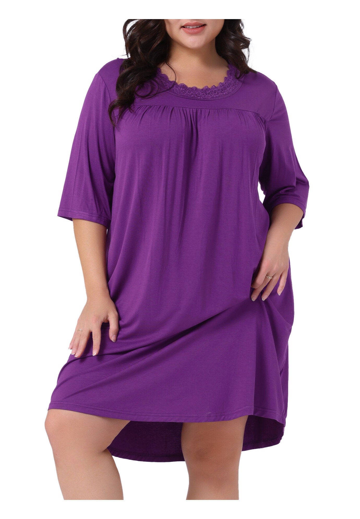 3/4 Sleeve Lace Pleated V Neck Sleepwear, Purple / Purple, alternate image number 1