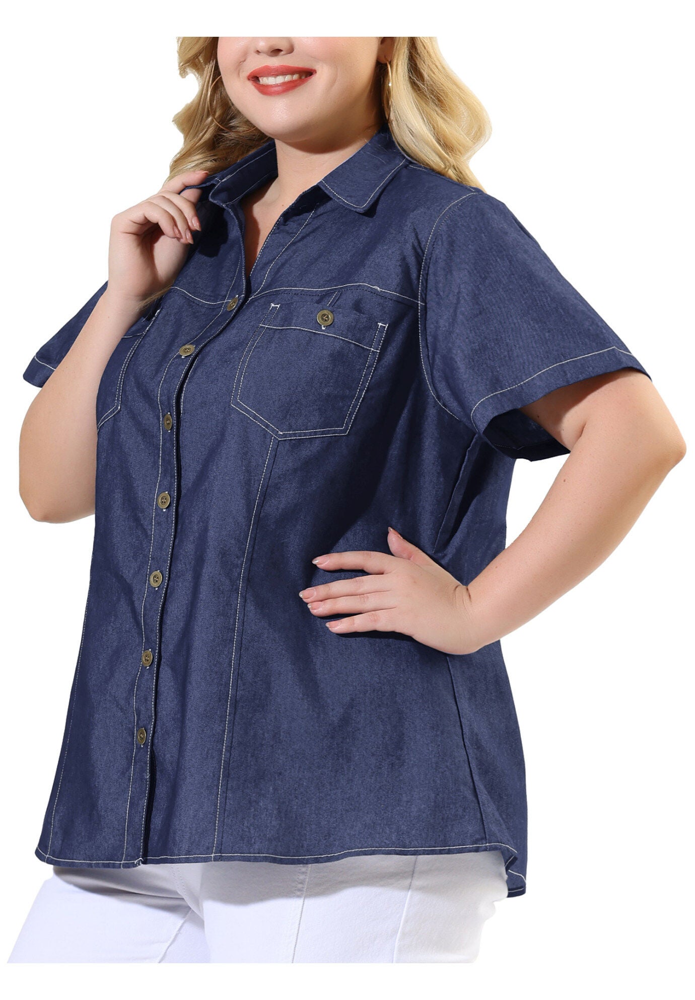 Short Sleeve Chambray Button Down Denim Shirt, Black Blue / Chambray Denim Medium, alternate image number 2