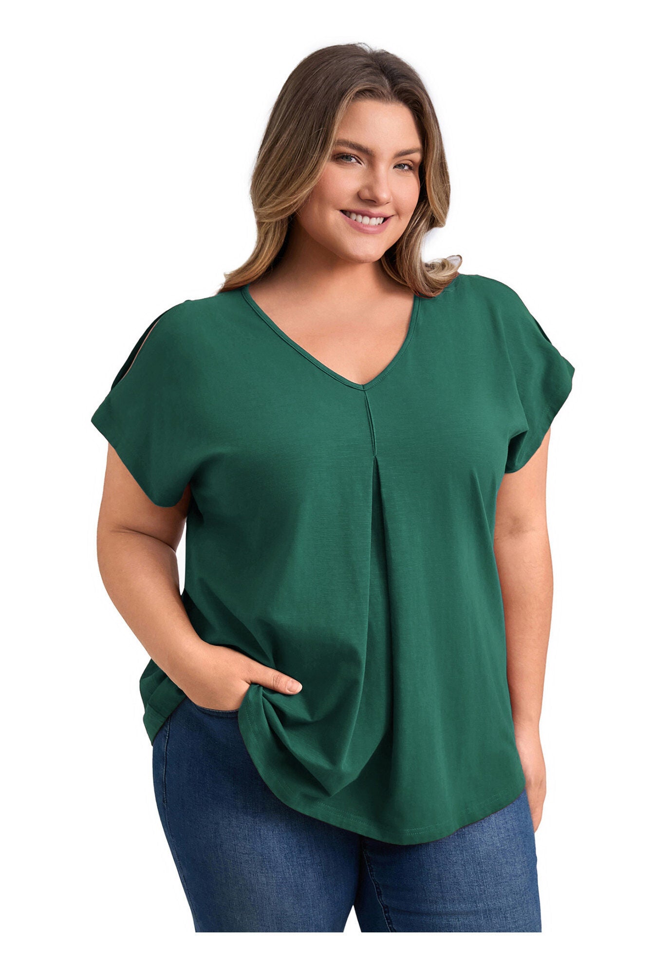 Front Pleated V Neck Slit Sleeve Blouses Cold Shoulder Casual Summer Tee Top, Dark Green / Forest Green, hi-res image number 0