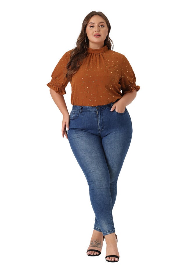 Pleated Mock Neck Star Print Puff Sleeve Blouse Top, Caramel / Brown, hi-res image number 0