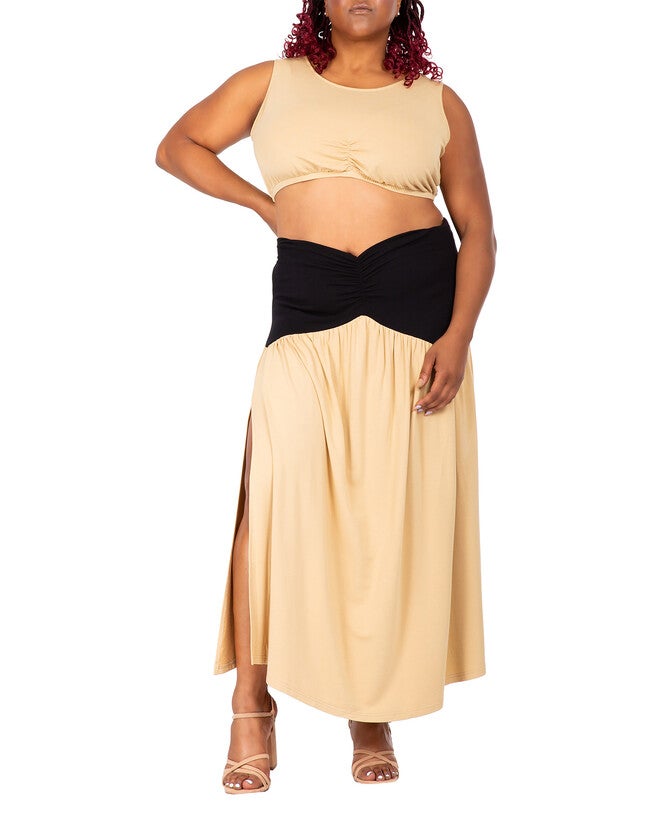 Reign Women's Plus Size V Waist A Line Side Slit Flared Maxi Skirt, Tan / Tan, hi-res image number 0