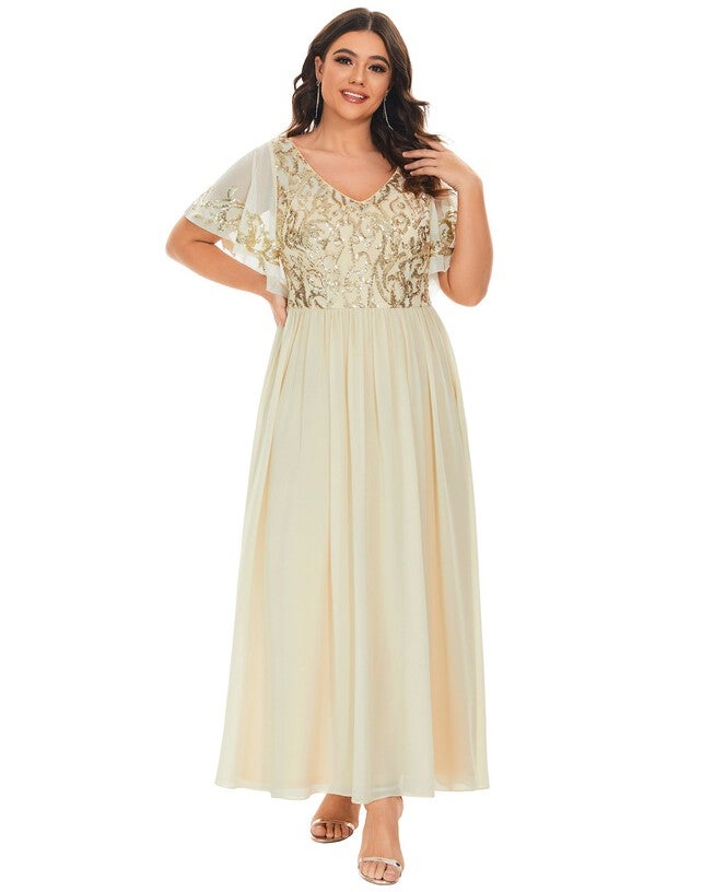 V-Neck Short Sleeve Sequin Bodice Mother of the Bride Dress, , alternate image number null