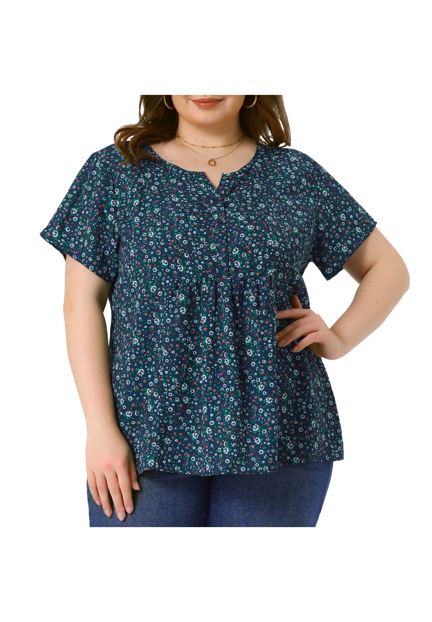 Summer Top Floral Half Placket Short Sleeve Casual Blouse, Dark Blue / Navy, alternate image number 2