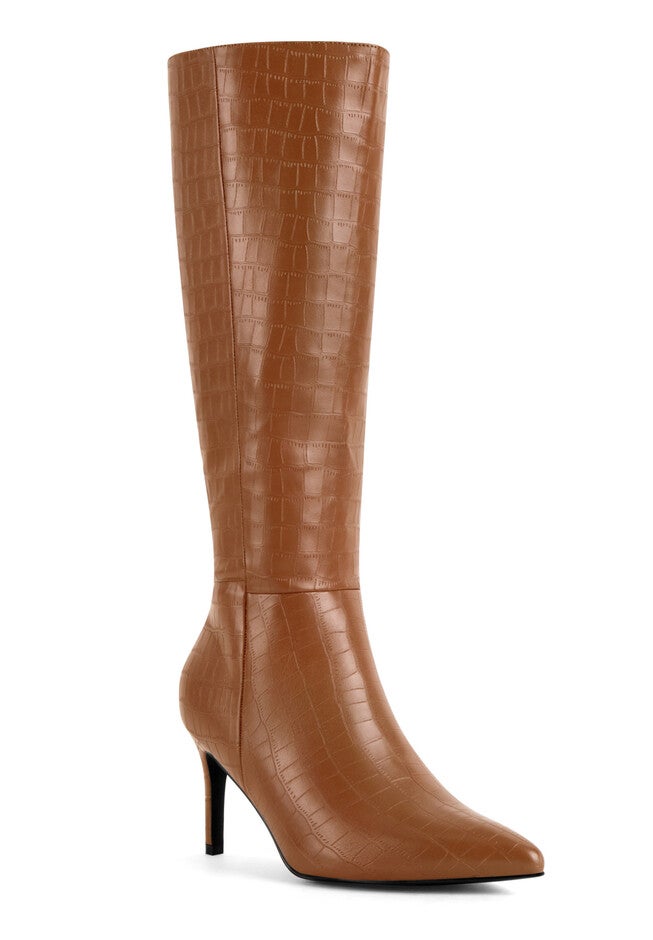 Stone Pattern Stiletto Heels Knee High Boots, Brown / Brown, hi-res image number 0