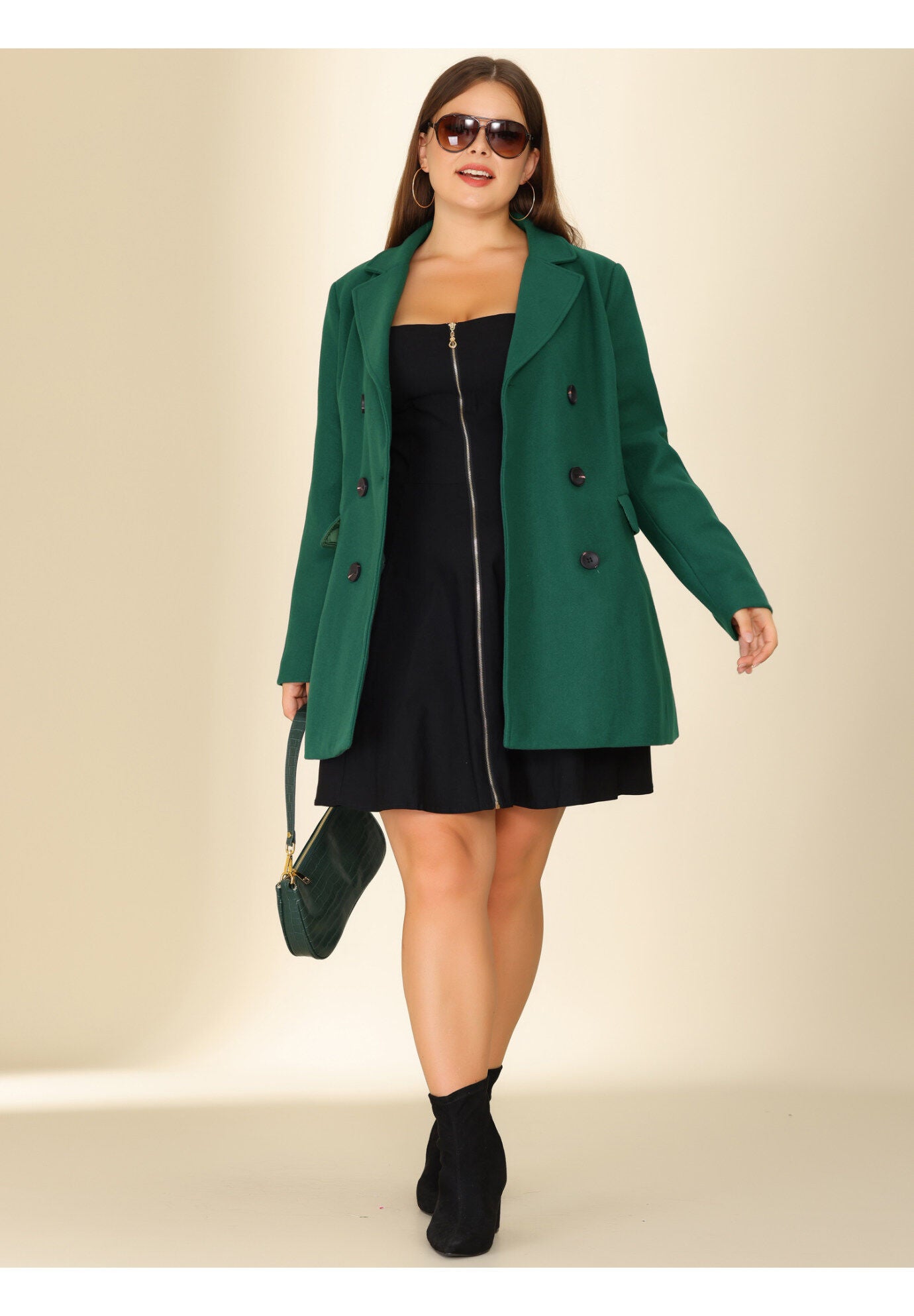 NOTCHED LAPEL DOUBLE BREASTED COAT, Dark Green / Forest Green, alternate image number 1