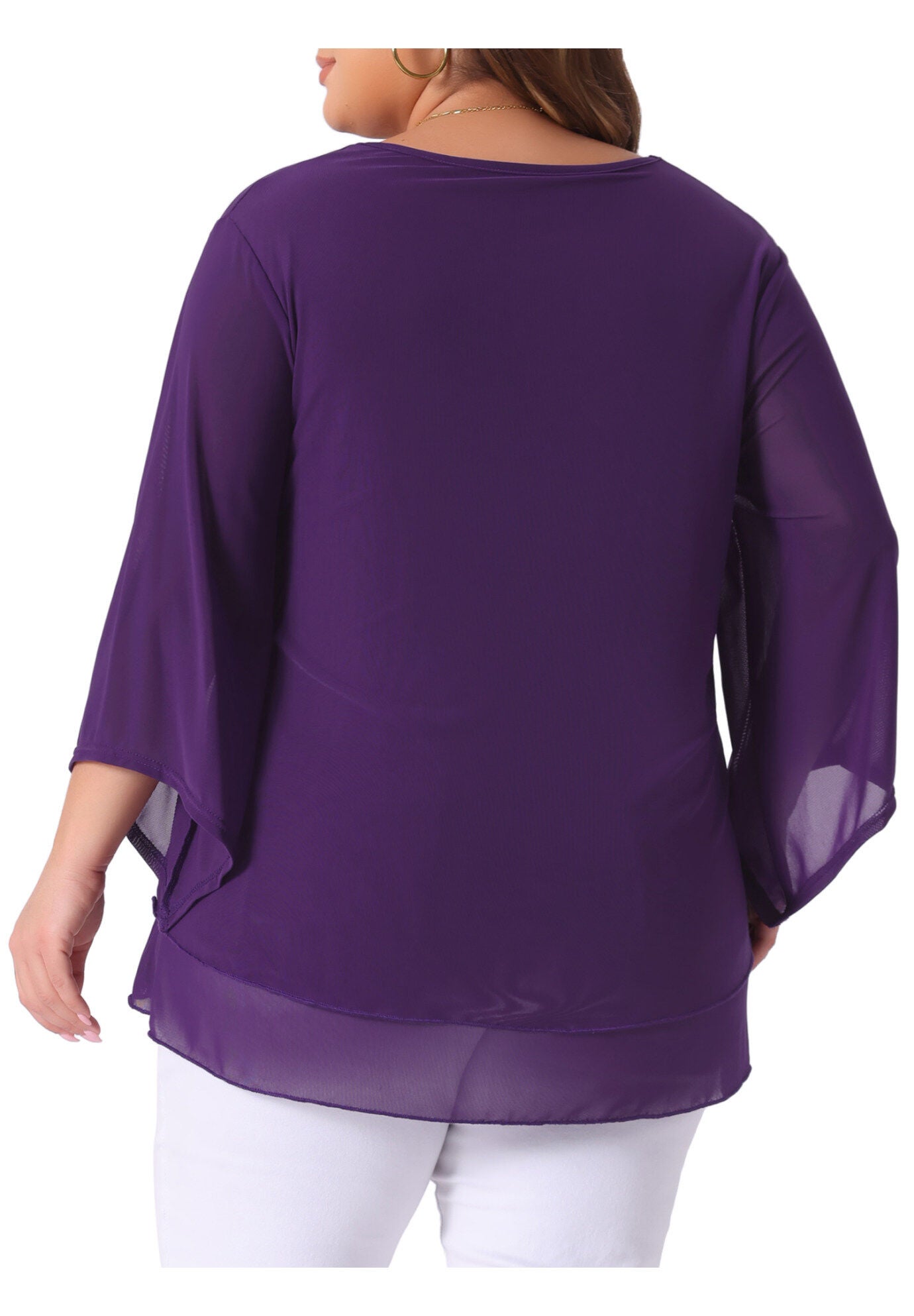 3/4 Sleeve Scoop Neck Double Layers Chiffon Blouse, Purple / Purple, alternate image number 3