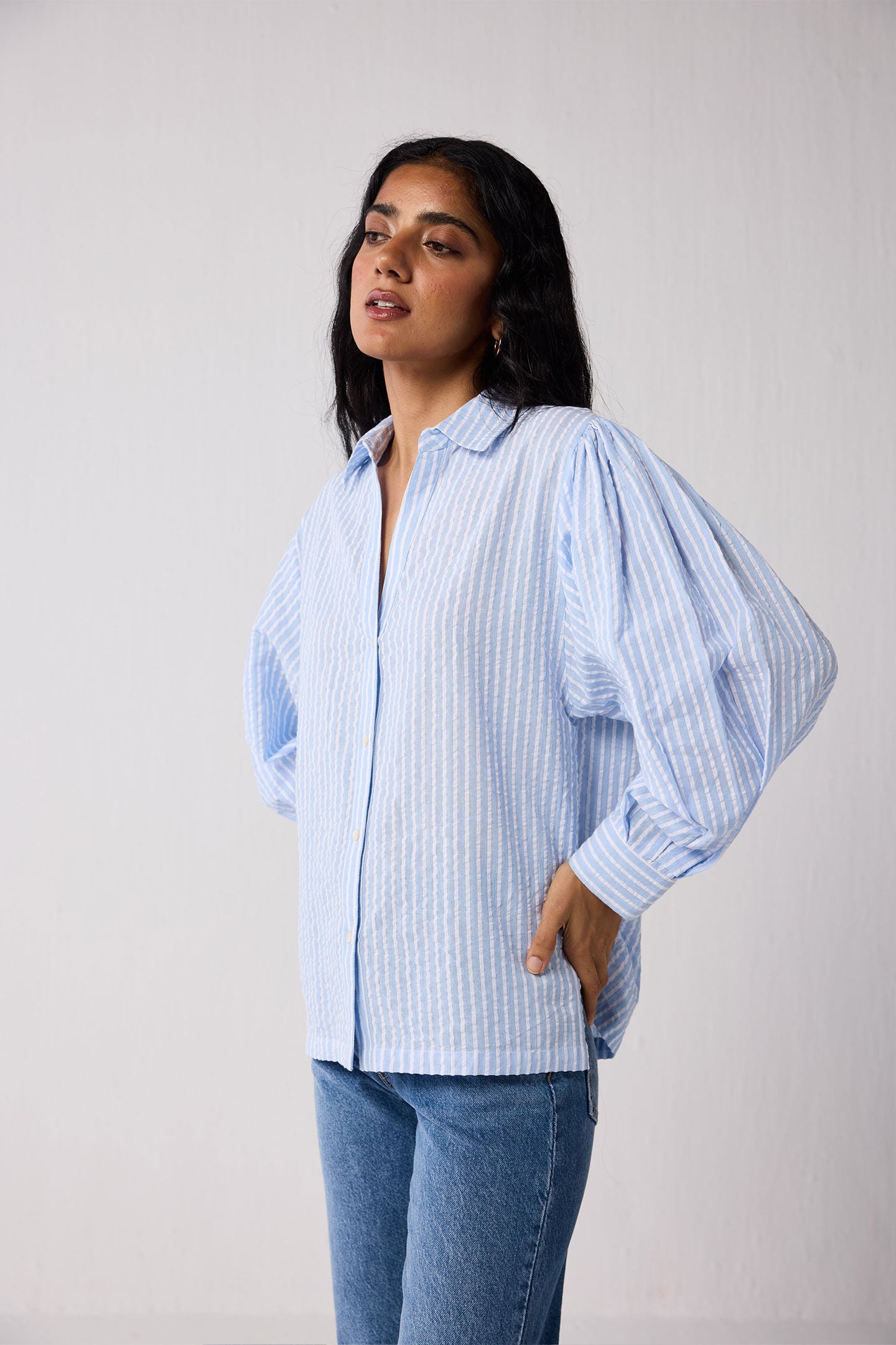 Striped Shirt with Long Balloon Sleeves in Blue, Cloudline / Light Blue, alternate image number 2