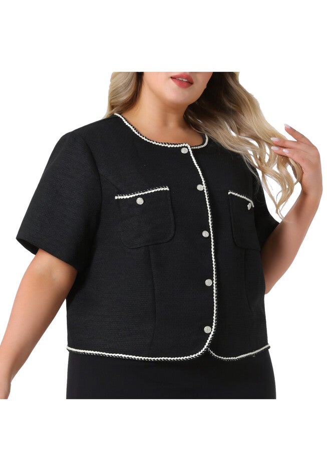 SHORT SLEEVE TWEED BUTTON DOWN BLAZER CROPPED JACKET, Black / Black, alternate image number 1