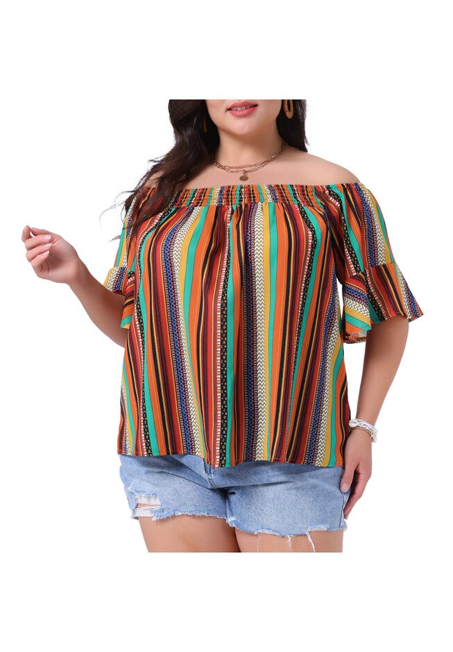 Boho Off Shoulder Short Sleeve Striped Top, Orange / Burnt Orange, alternate image number 2