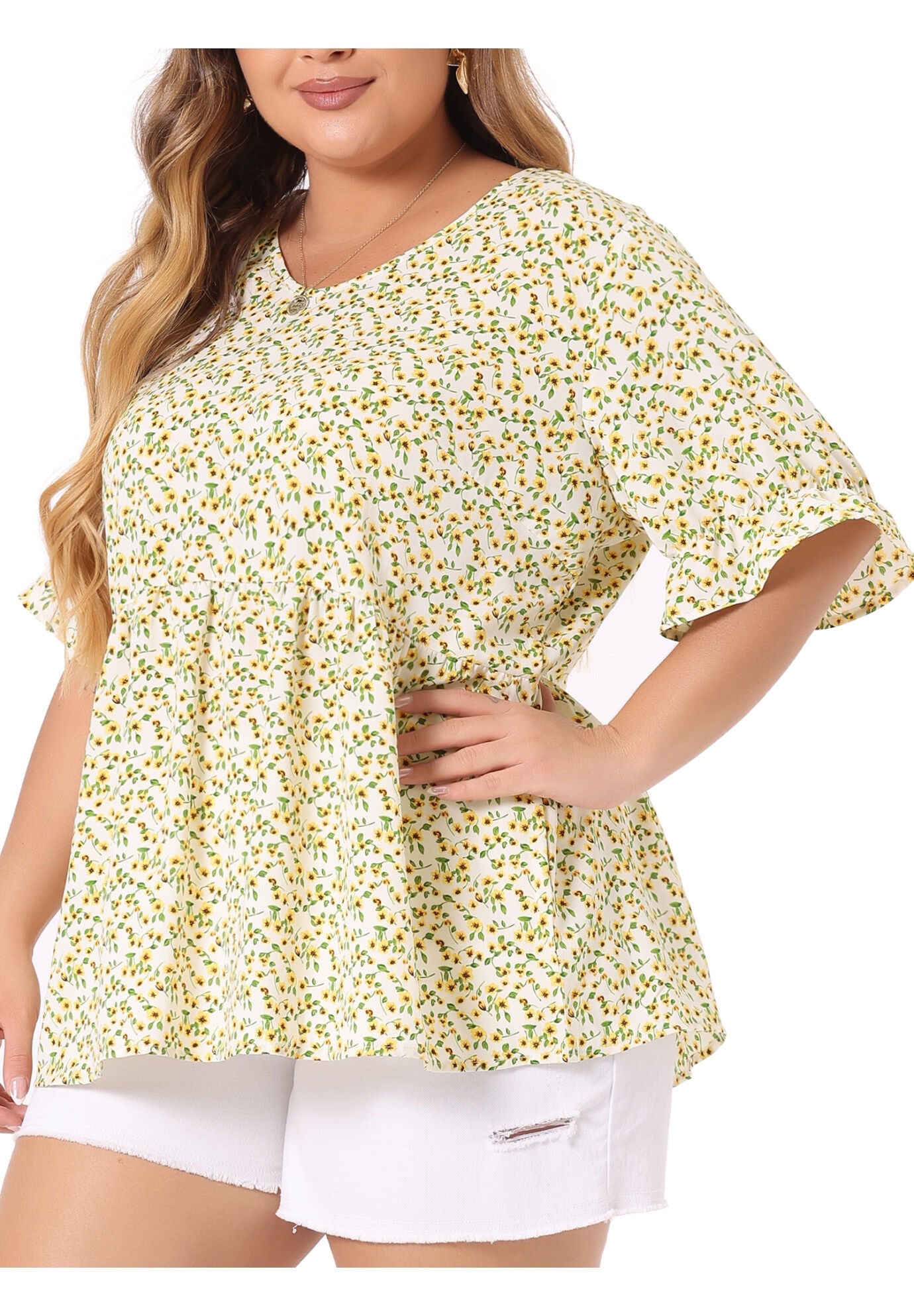 Floral Peplum Top V Neck Ruffle Short Sleeve Babydoll Blouse, Light Yellow / Light Yellow, alternate image number 2