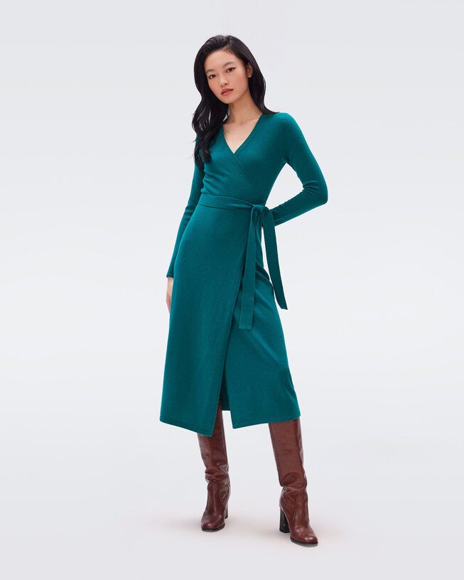DVF ASTRID KNIT WRAP DRESS, Fall Green / Kelly Green, hi-res image number null