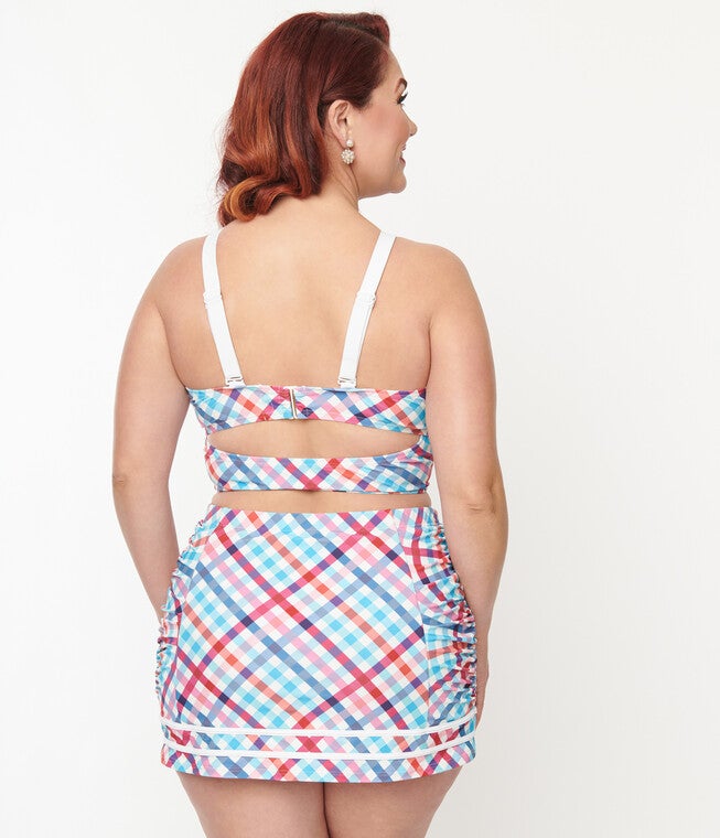 Unique Vintage Pastel Madras Plaid Sailor Swim Bottom, Pastel Madras Plaid / Light Green, alternate image number null