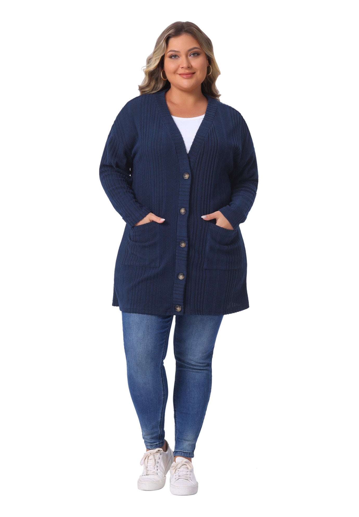 V Neck Long Sleeve Knit Cardigan with Pockets, Navy Blue / Navy, hi-res image number 0