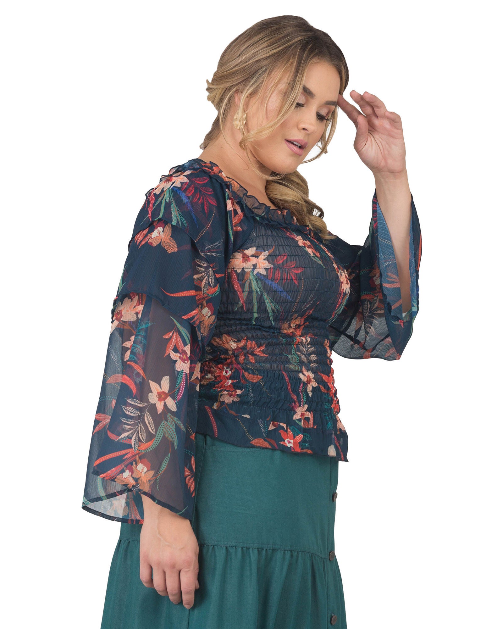 Plus Size Jessa Smocked Tierd Sleeve Top, Tropical Mist / Navy, alternate image number 1