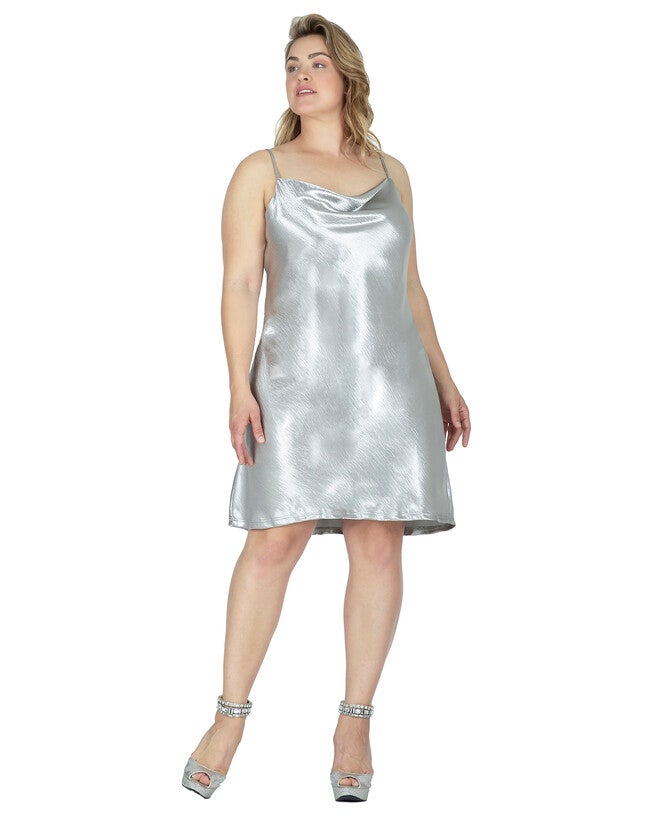Astra Women's Cowl Neck Crinkle Satin Mini Dress, Silver / Silver, hi-res image number 0