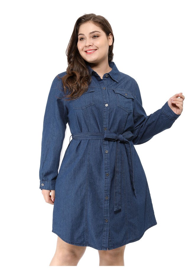 BUTTON DOWN LONG SLEEVE MIDI JEAN DENIM SHIRT DRESS, Blue / Navy, alternate image number 1