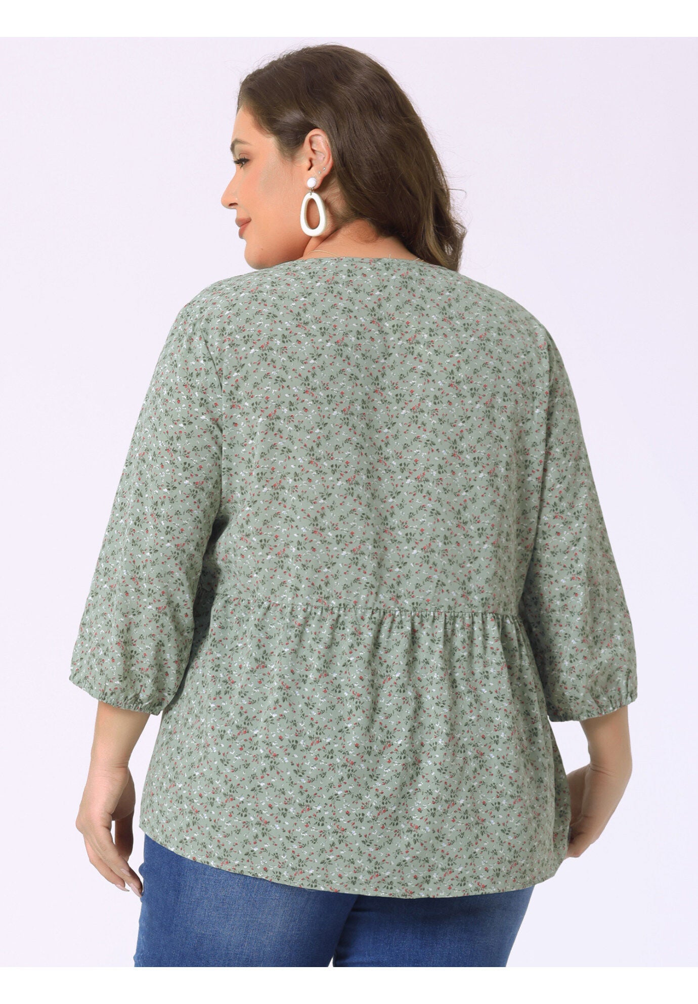 V Neck Babydoll Flowy 3/4 Lantern Sleeve Floral Blouse, Green / Sage Green, alternate image number 2