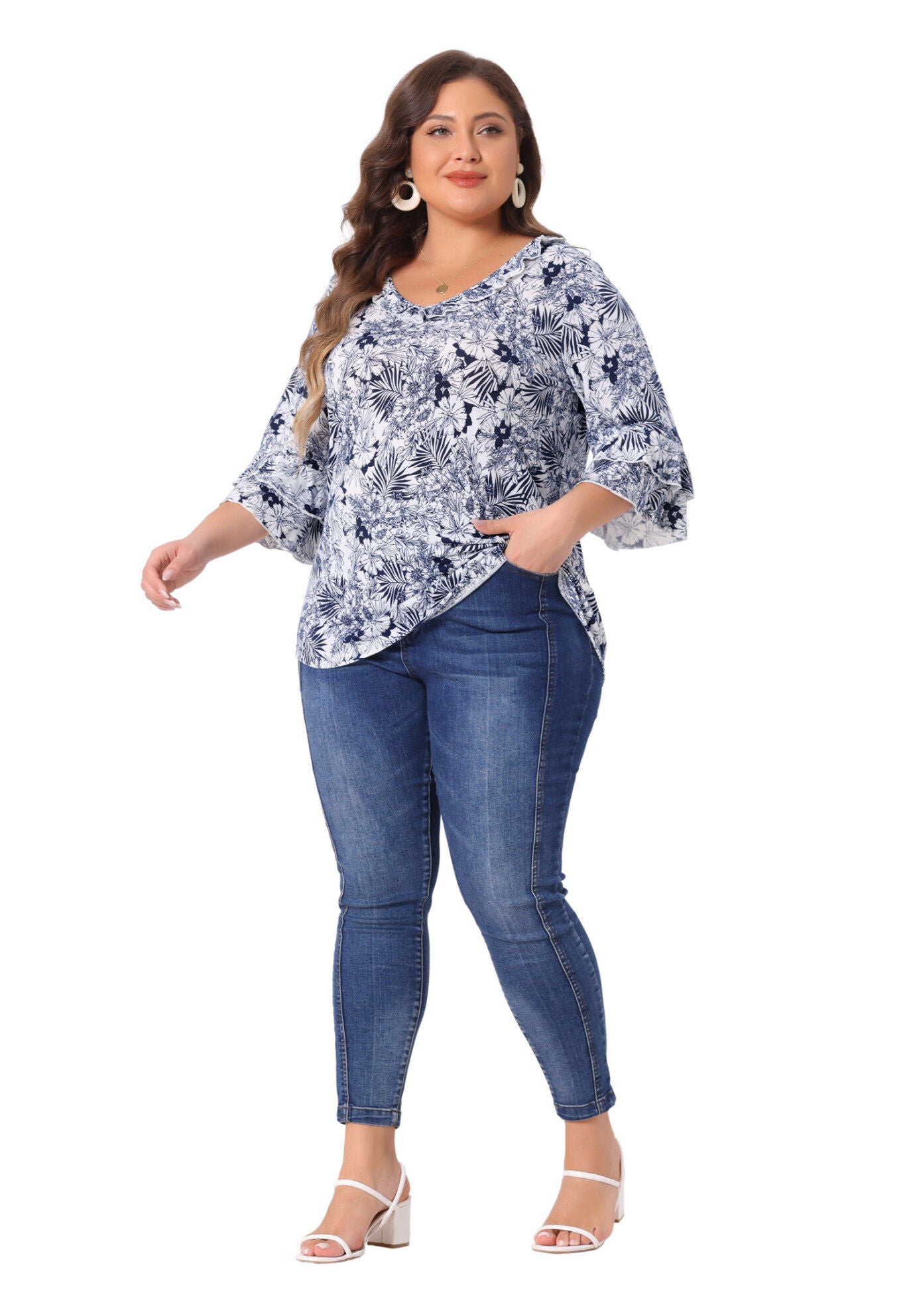 Floral Print V Neck Tiered Ruffle Bell Sleeve Blouse Top, White Blue / White, hi-res image number 0