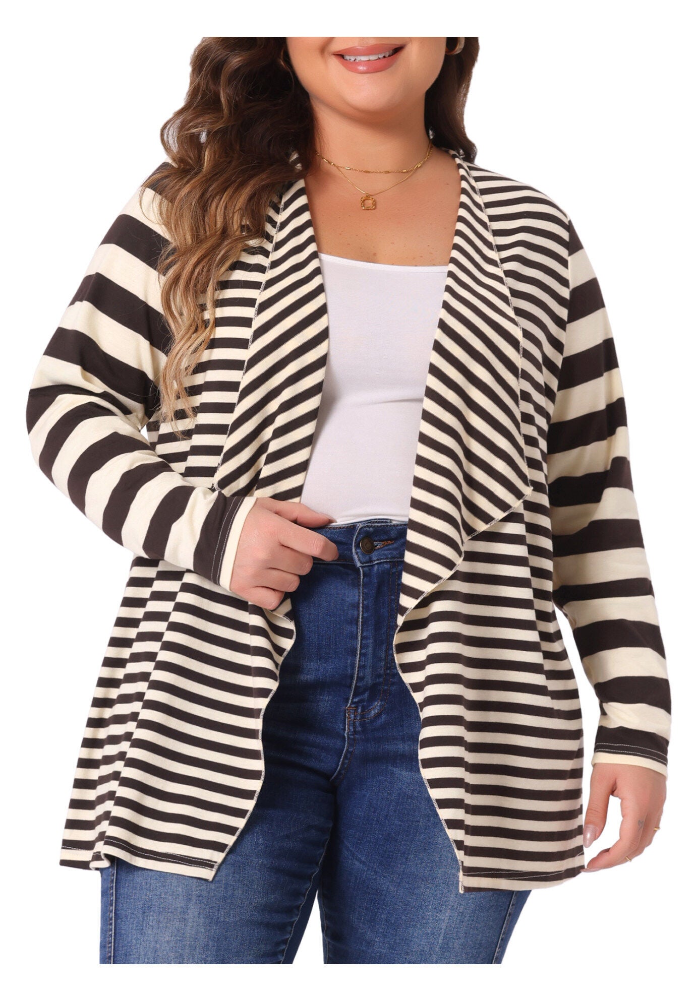 CASUAL STRIPED OPEN FRONT CARDIGAN, Brown / Brown, alternate image number 2