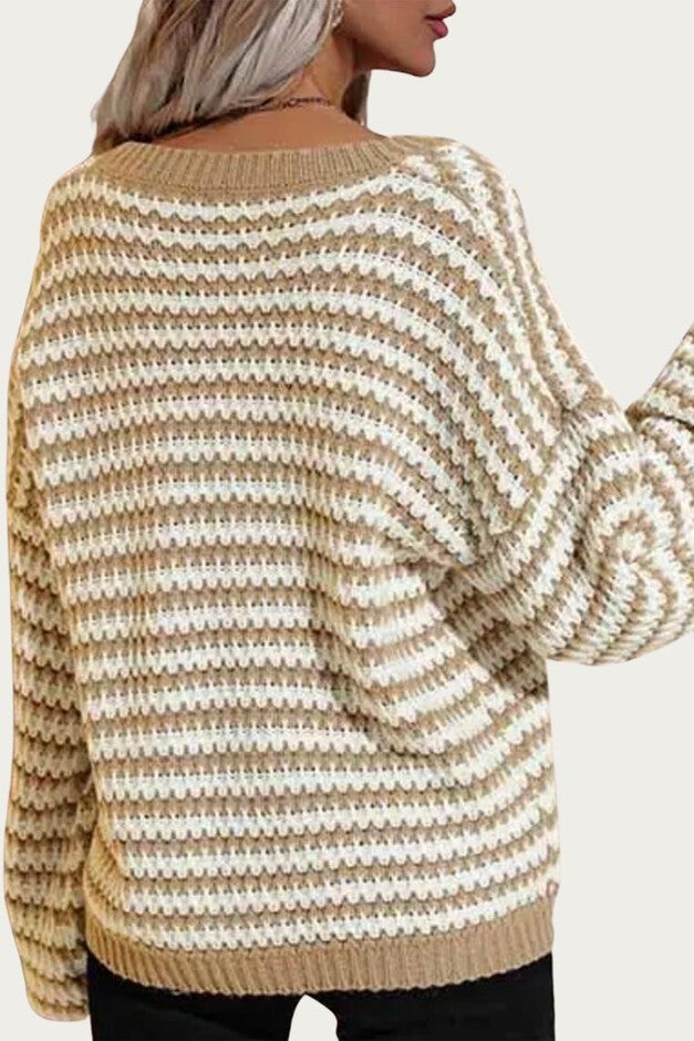 STRIPED V-NECK KNIT SWEATER IN KHAKI/WHITE, , alternate image number null