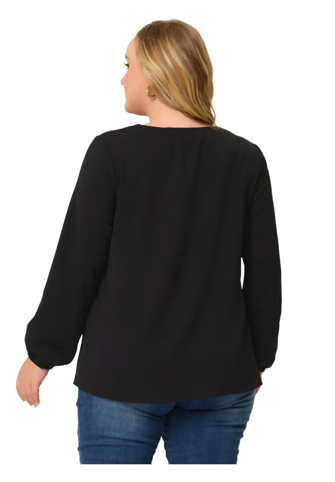 V Neck Long Sleeve Ruffle Tie Front Office Work Chiffon Blouse Top, Black / Black, alternate image number 3