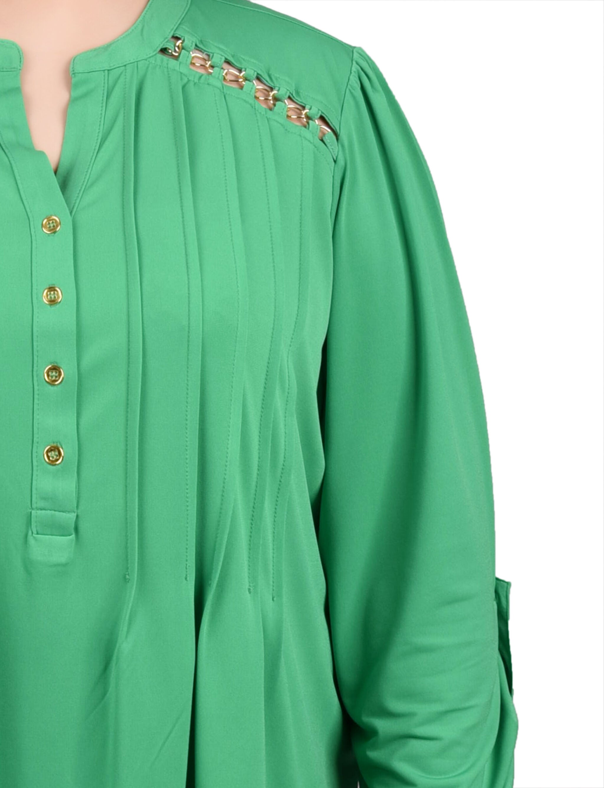 Long Sleeve Pintuck Front Top With Chain Details, Bright Green / green, alternate image number 1