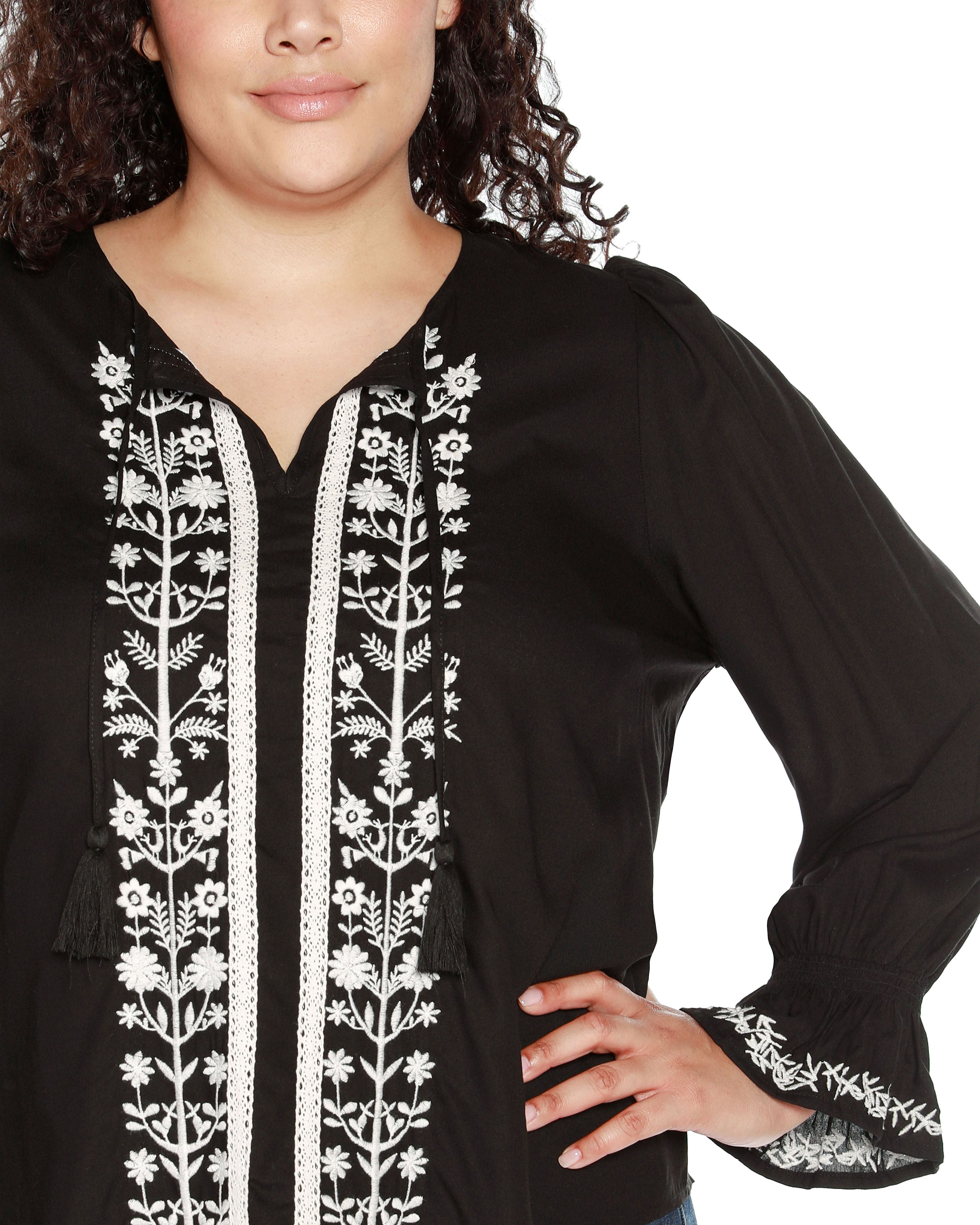 TIE-NECK EMBROIDERED-FRONT BLOUSE, Black / Black, alternate image number 3