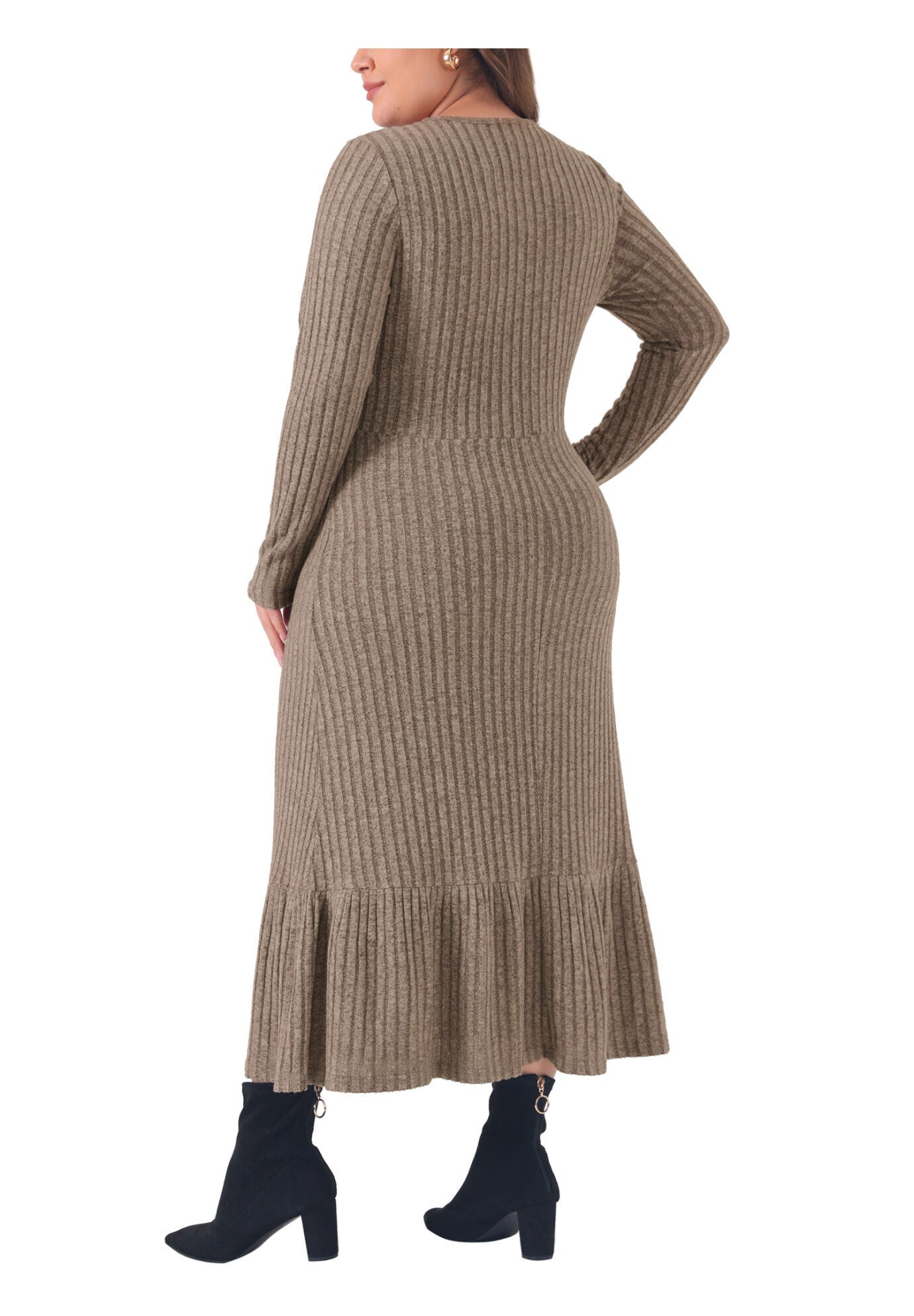 Ribbed Knit Long Sleeve Crew Neck Ruffled Hem Midi Dress, Khaki / Brown, alternate image number 1