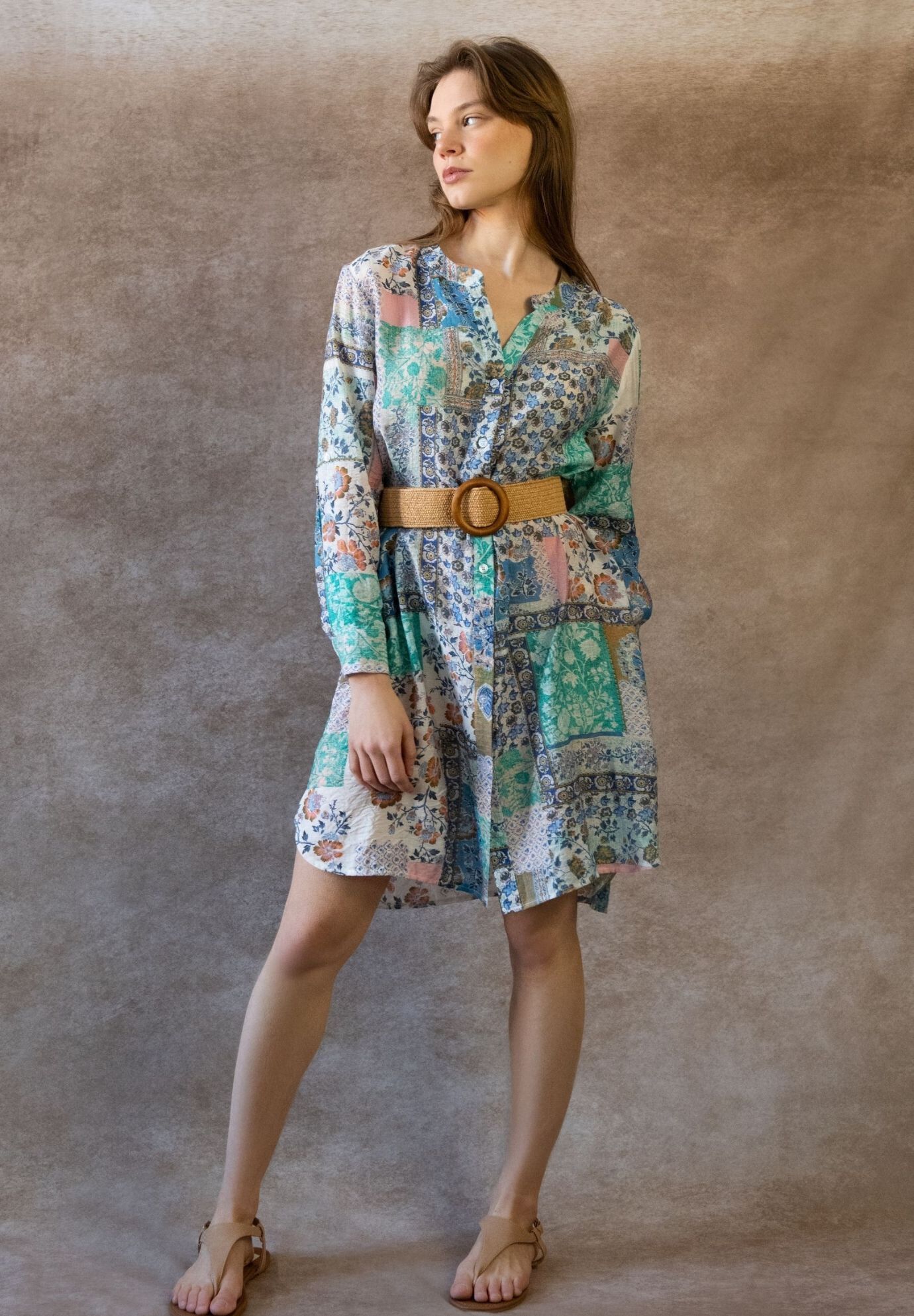 Annick- Lara Patchwork Print Boho Tunic Shirt Dress Long Sleeves, White / Azure Blue, alternate image number 1