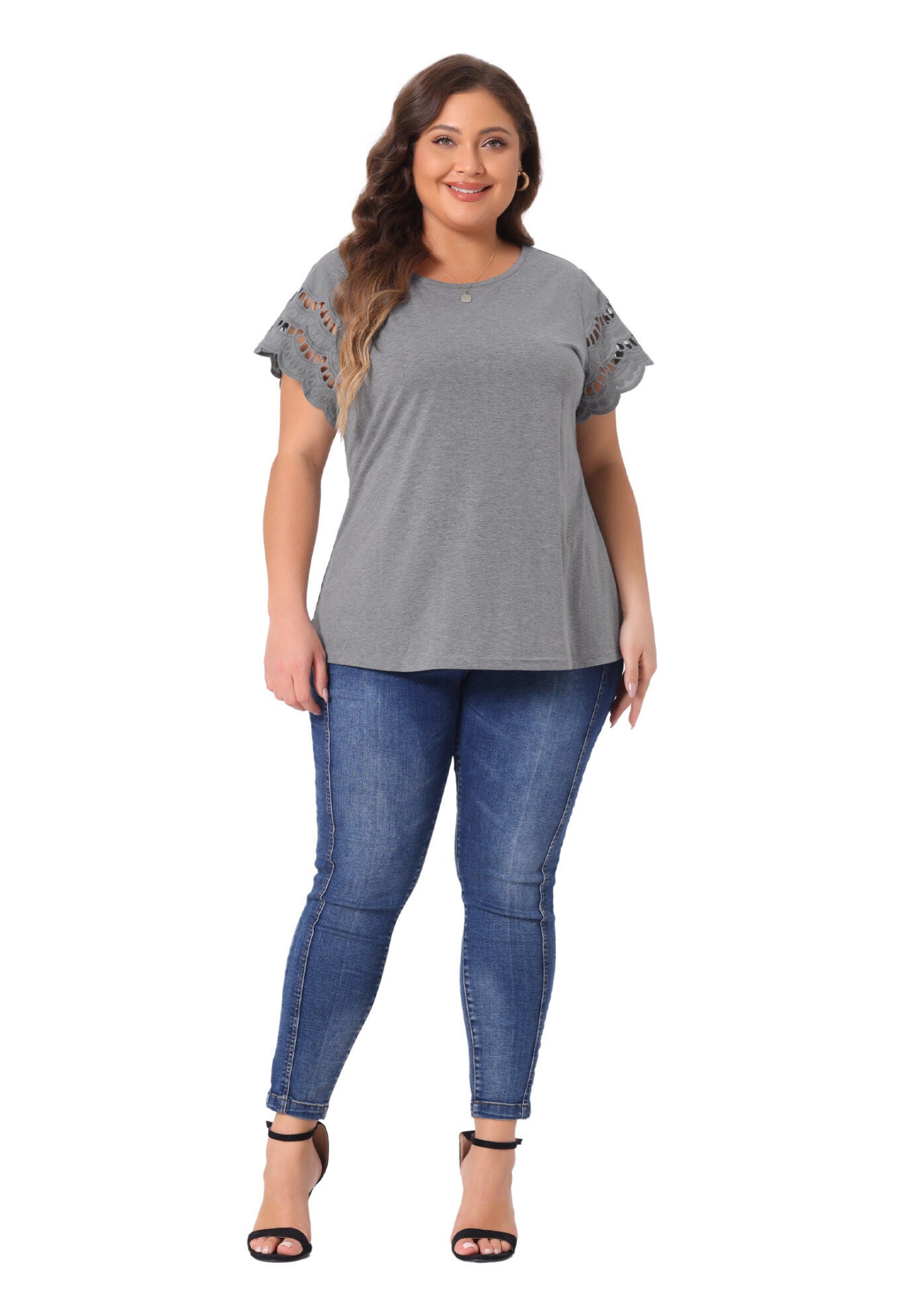 Lace Panel Hollow Short Sleeve Summer Blouse, Grey / Light Grey, hi-res image number 0