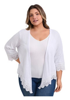 Open Front Cover Up Lace Trim Waterfall Shrug 3/4 Sleeve High Low Hem Knit Cardigans