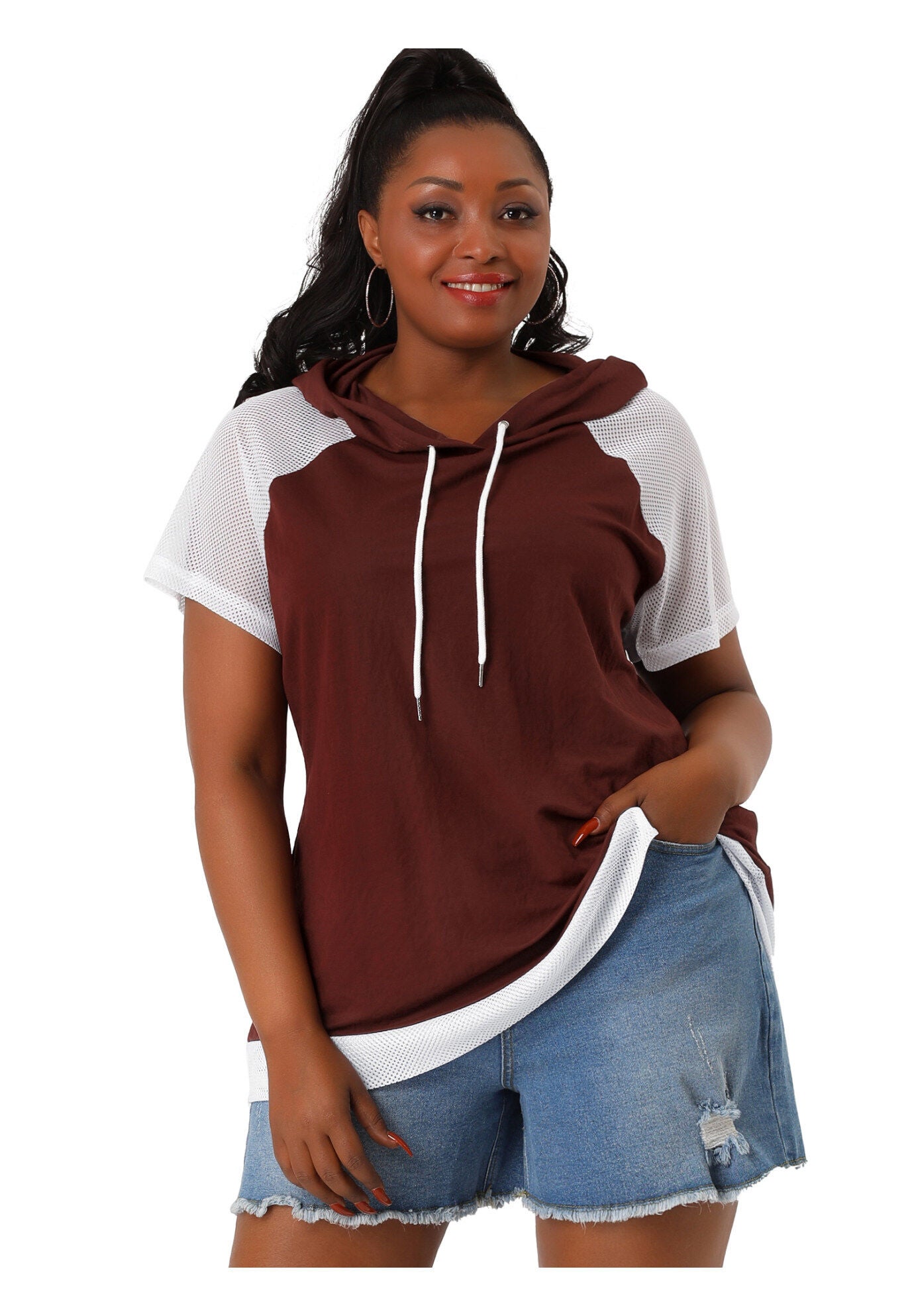 SHORT SLEEVES DRAWSTRING LOOSE RAGLAN HOODIE TOP, Burgundy / Red, alternate image number 2