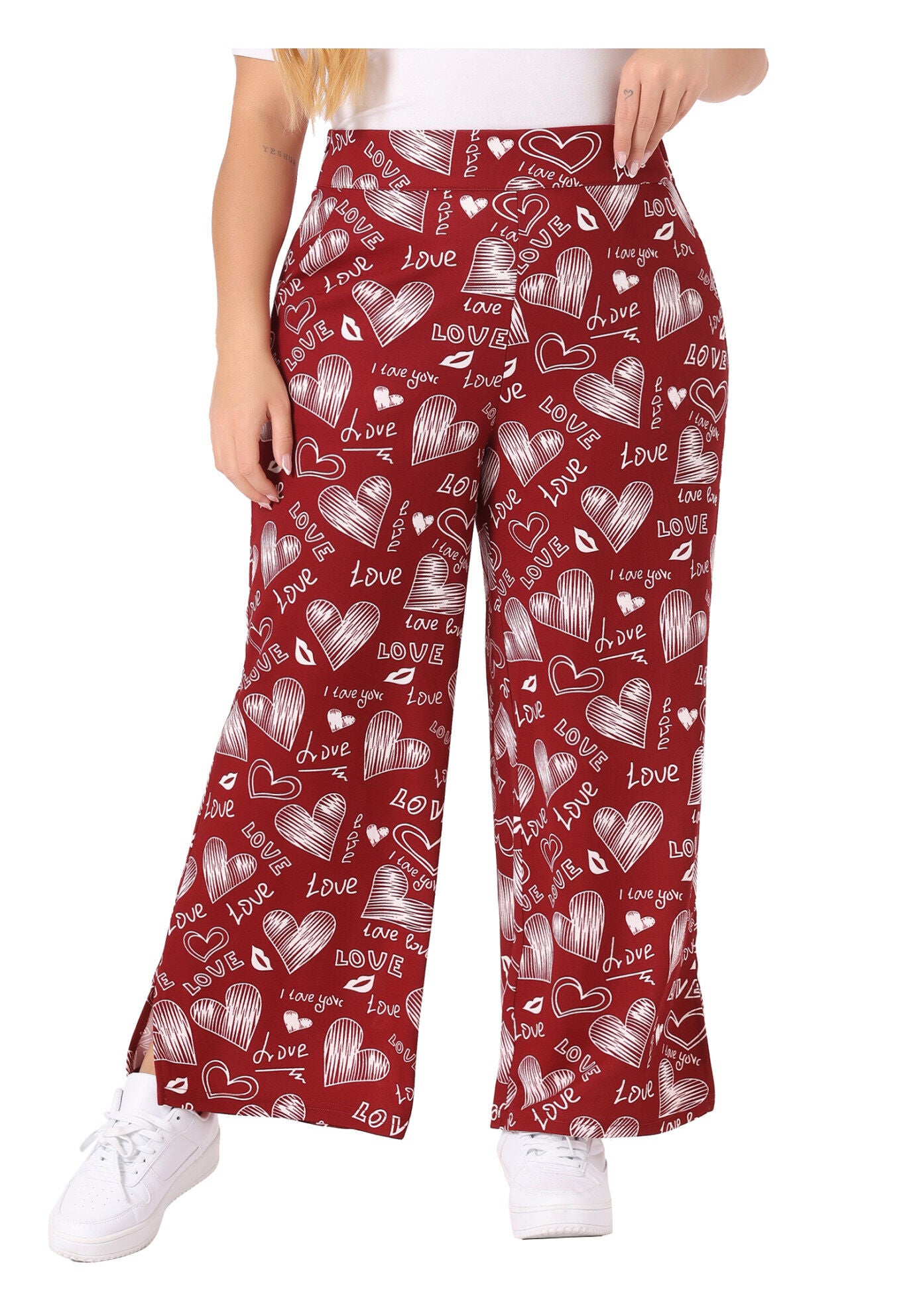 POLKA DOTS ELASTIC WAIST WIDE LEG OVERSIZE PALAZZO PANTS, Red / Red, alternate image number 2