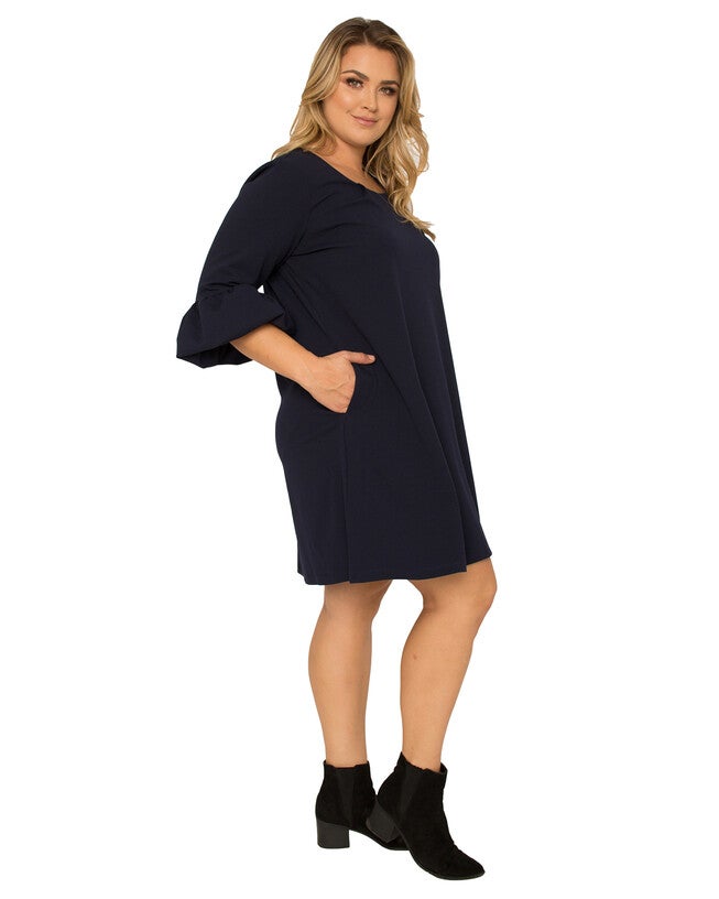 Plus Size Women's Crepe Knit 3/4 Balloon Sleeves Midi Shift Dress, Navy / Navy, alternate image number 1