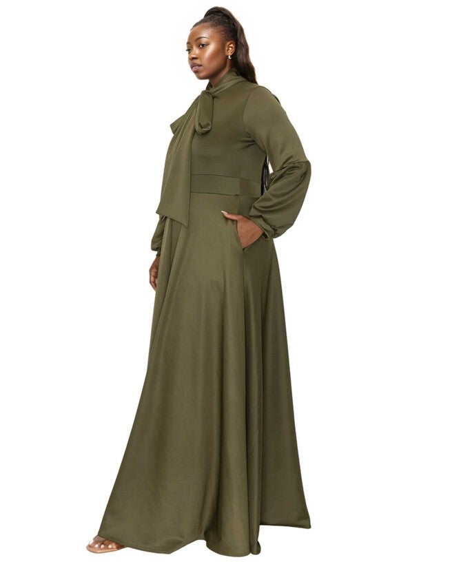 Bella Donna Dress with Ribbon and Bishop Sleeves, Olive / Olive Green, alternate image number null
