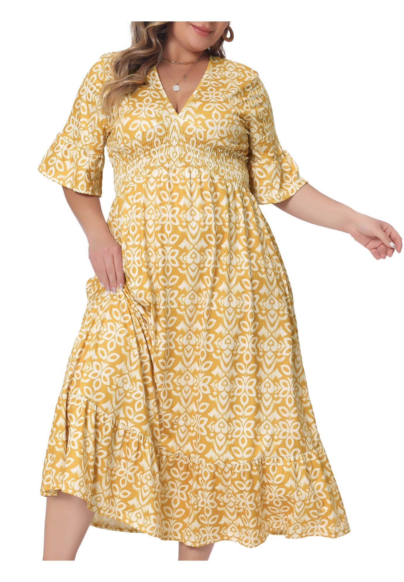 Bell Sleeve Ruffled Hem V Neck Short Sleeve Boho A Line Long Dress, Yellow / Yellow, alternate image number 2
