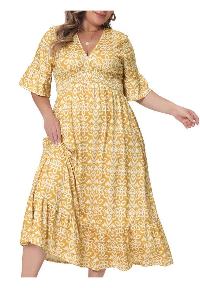 Bell Sleeve Ruffled Hem V Neck Short Sleeve Boho A Line Long Dress, Yellow / Yellow, alternate image number 2