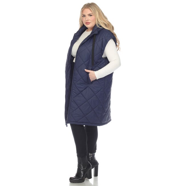 Women's Diamond Quilted Hooded Puffer Vest, Navy / Navy, alternate image number null