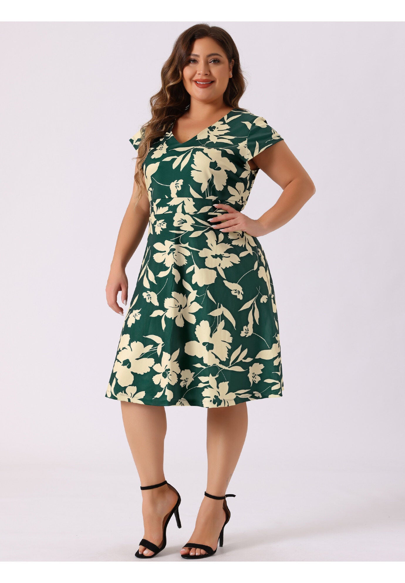 Deep V Neck Above Knee Cap Sleeve Floral Dress, Dark Green / Hunter Green, hi-res image number 0