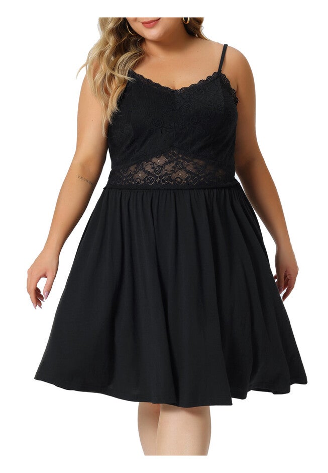 V Neck Lace Chemise Cami Sleepwear Lace Nightdress, Black / Black, alternate image number 2