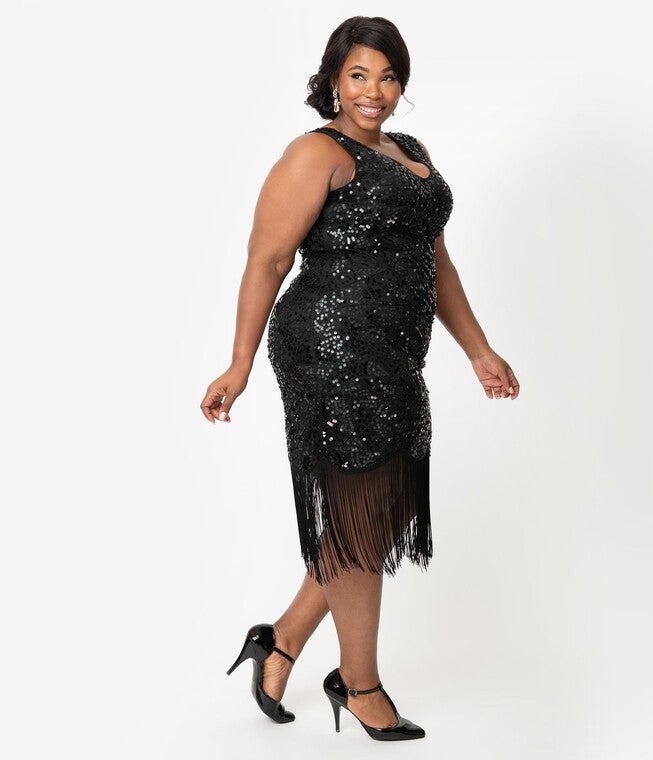 Unique Vintage 1920s Style Black Beaded & Sequin Adalene Cocktail Flapper Dress, Black / Black, alternate image number 2
