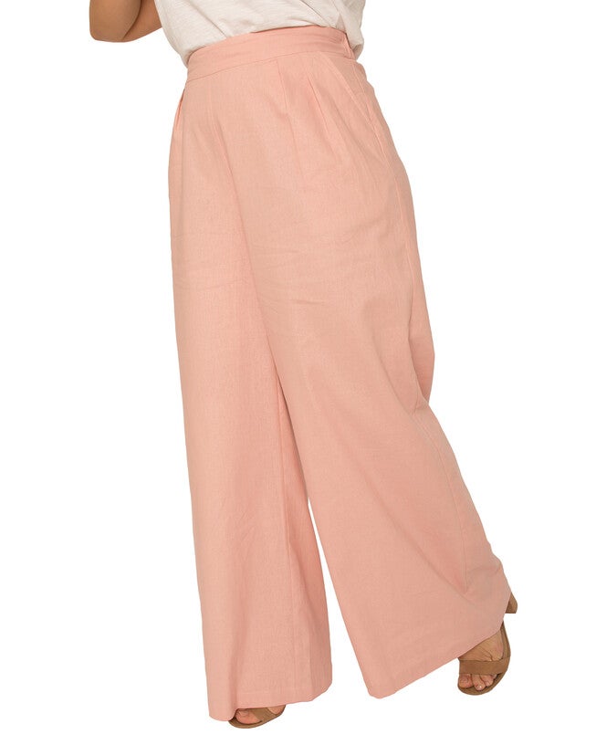 Cici Plus Size High Rise Wide Leg Linen Peach Lounge Pants, , alternate image number null