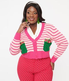 Smak Parlour 1960s Pink Stripes & Strawberry Pocket Cardigan
