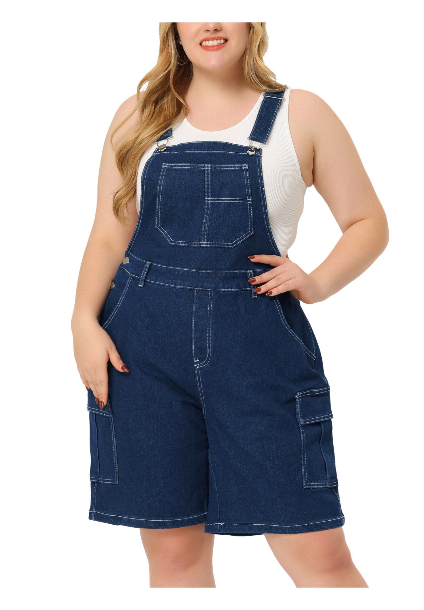 ADJUSTABLE STRAP BIB CARGO POCKET JEAN DENIM OVERALL SHORTS, Dark Blue / Navy, alternate image number 1