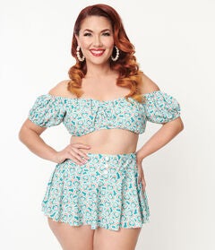 Unique Vintage 1940s Turquoise Retro Hearts Off The Shoulder Swim Top