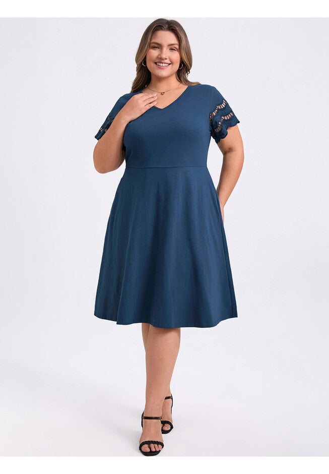V Neck Embroidered Hollow Eyelet Short Sleeve Midi Casual Dress with Pockets, Navy Blue / Navy, alternate image number null