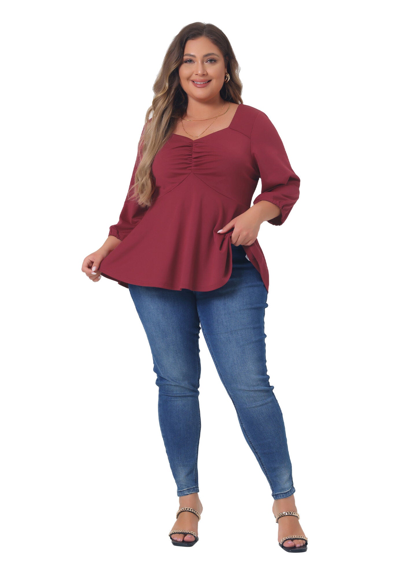 SWEETHEART V NECK ELBOW SLEEVE FRONT RUCHED PEPLUM BLOUSE, Burgundy / Red, hi-res image number 0